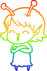 rainbow gradient line drawing cartoon alien girl laughing