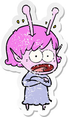 distressed sticker of a cartoon shocked alien girl