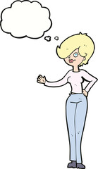 cartoon woman waving with thought bubble