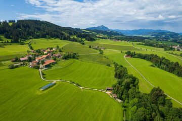aerial view of green fields of allgaeu and meadows and alps in the background
