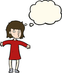 cartoon nervous woman with thought bubble