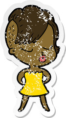 distressed sticker of a cartoon pretty hipster girl