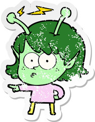 distressed sticker of a cartoon alien girl