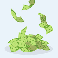 Dollar bills falling into pile vector illustration. Cartoon drawing of cash, banknotes or money falling in heap. Business, economy, budget, wealth, success concept