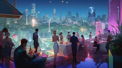 group of people partying on the rooftop, digital illustration, generative AI