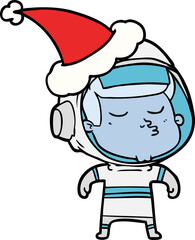 line drawing of a confident astronaut wearing santa hat