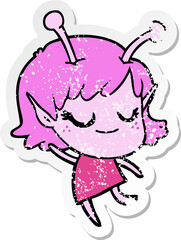 distressed sticker of a smiling alien girl cartoon