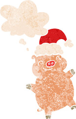 cartoon happy christmas pig and thought bubble in retro textured style