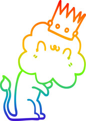 rainbow gradient line drawing cartoon lion with crown