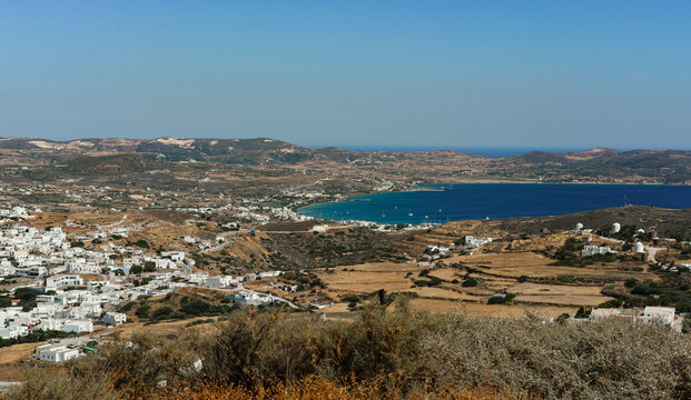 view on milos island from the top of old venetian castle in Plaka, amazing guld seascape, sea, mountains natural landscape