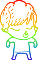rainbow gradient line drawing cartoon woman with eyes shut