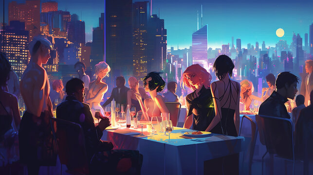 group of people partying on the rooftop, digital illustration, generative AI