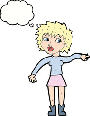 cartoon friendly woman waving with thought bubble