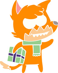 flat color style cartoon grinning fox with christmas present