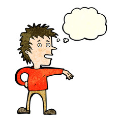 cartoon man making dismissive gesture with thought bubble