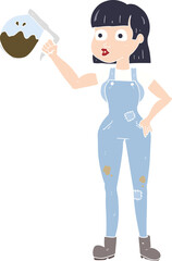 flat color illustration of a cartoon woman in dungarees with coffee