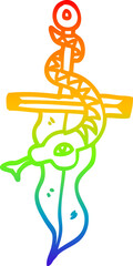 rainbow gradient line drawing cartoon dagger and snake tattoo