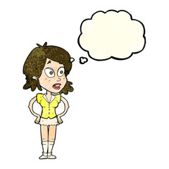 cartoon woman with hands on hips with thought bubble