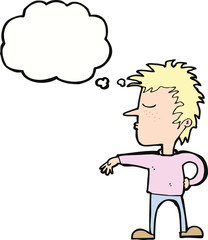 cartoon man making camp gesture with thought bubble