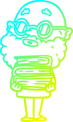 cold gradient line drawing cartoon curious man with beard and glasses