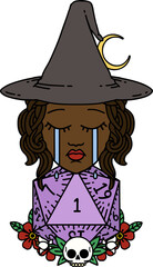 crying human witch with natural one D20 dice roll illustration
