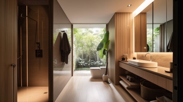 home interior design concept nature brown material colour material scheme master bathroom interior design background, image ai generate