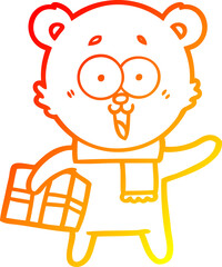 warm gradient line drawing laughing teddy  bear with christmas present