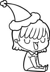 line drawing of a woman wearing santa hat