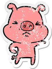 distressed sticker of a cartoon angry pig