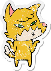 distressed sticker of a clever cartoon fox