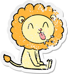 distressed sticker of a happy cartoon lion