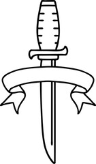 black linework tattoo with banner of a dagger