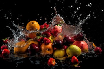 Fototapeta na wymiar Fresh Fruit splash and submerge under water, summer banner, summer fruits, created with generative ai