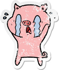 distressed sticker of a crying pig cartoon