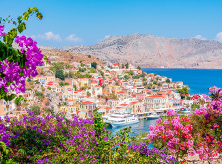 Symi town cityscape on Dodecanese islands, Greece