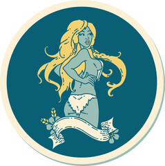 tattoo style sticker of a pinup viking girl with banner