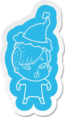 cartoon  sticker of a surprised girl wearing santa hat