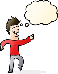 cartoon man pointing and laughing with thought bubble