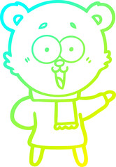 cold gradient line drawing laughing teddy  bear cartoon in winter clothes