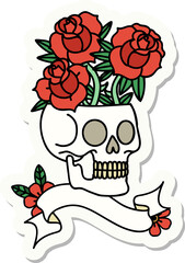 tattoo sticker with banner of a skull and roses