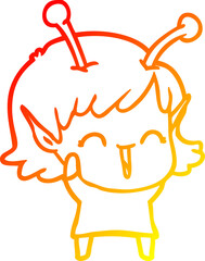 warm gradient line drawing cartoon alien girl laughing