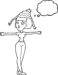 thought bubble cartoon woman wearing hat