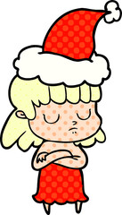 comic book style illustration of a indifferent woman wearing santa hat