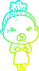 cold gradient line drawing cartoon angry old woman