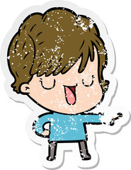 distressed sticker of a cartoon woman talking