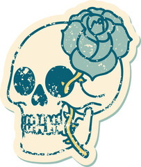 distressed sticker tattoo style icon of a skull and rose