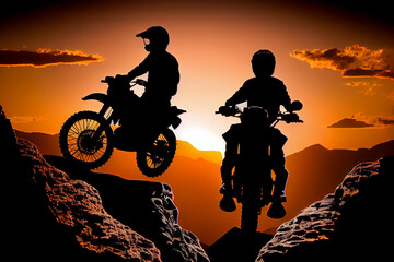 Silhouette of a sports motorbike on a mountainous area at sunset. AI Generated