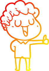 warm gradient line drawing laughing cartoon man giving thumbs up sign