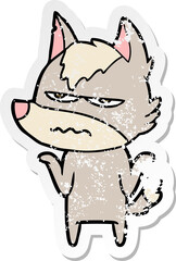 distressed sticker of a cartoon annoyed wolf