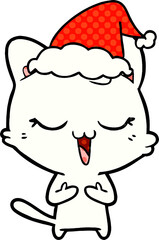 happy comic book style illustration of a cat wearing santa hat